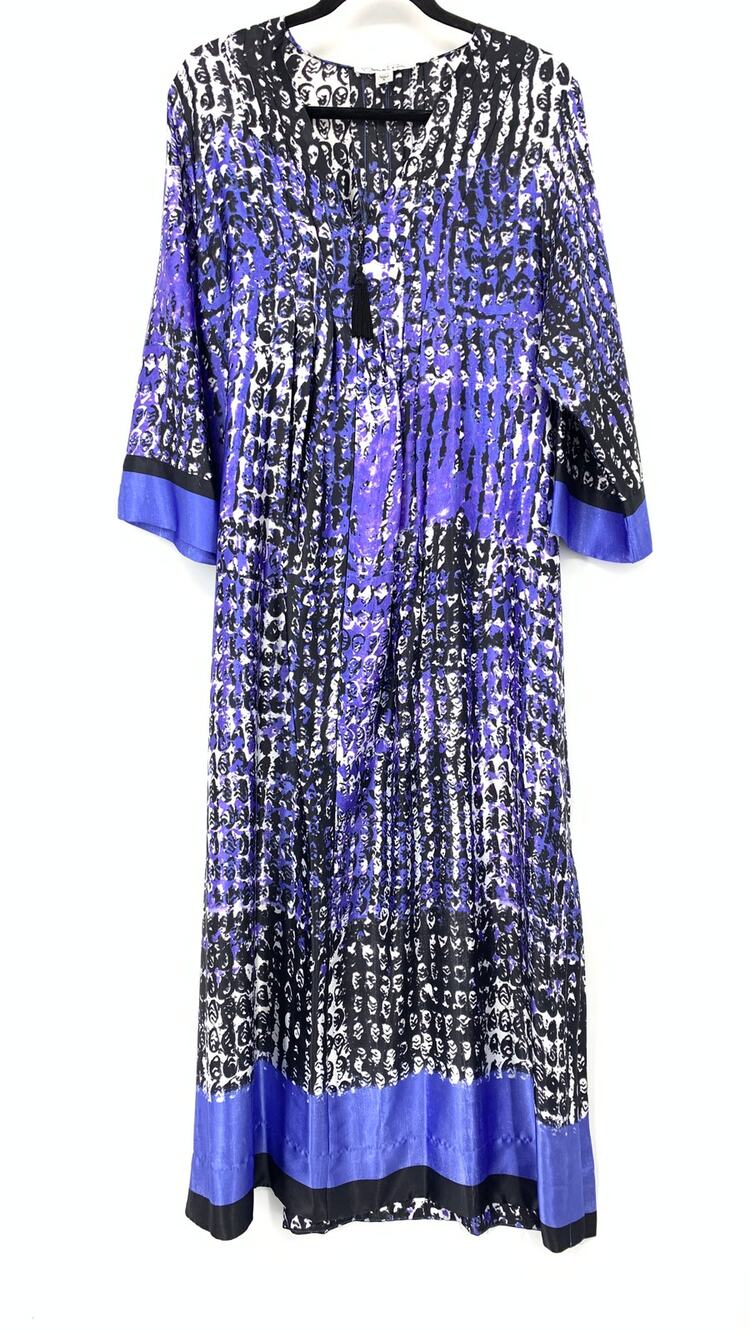 Oscar de la Renta Caftan Womens L Blue Purple Black Abstract Print Long Kaftan